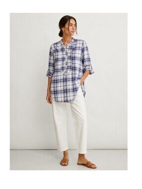 Massimo Dutti Washed Linen Cotton Plaid Tunic Shirt Size 38 M Blue White
